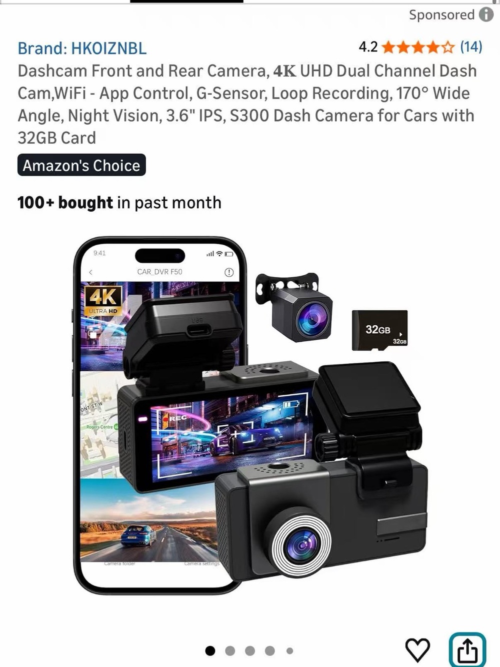 Black 4K Dual Channel Dashcam with Front & Rear Cameras